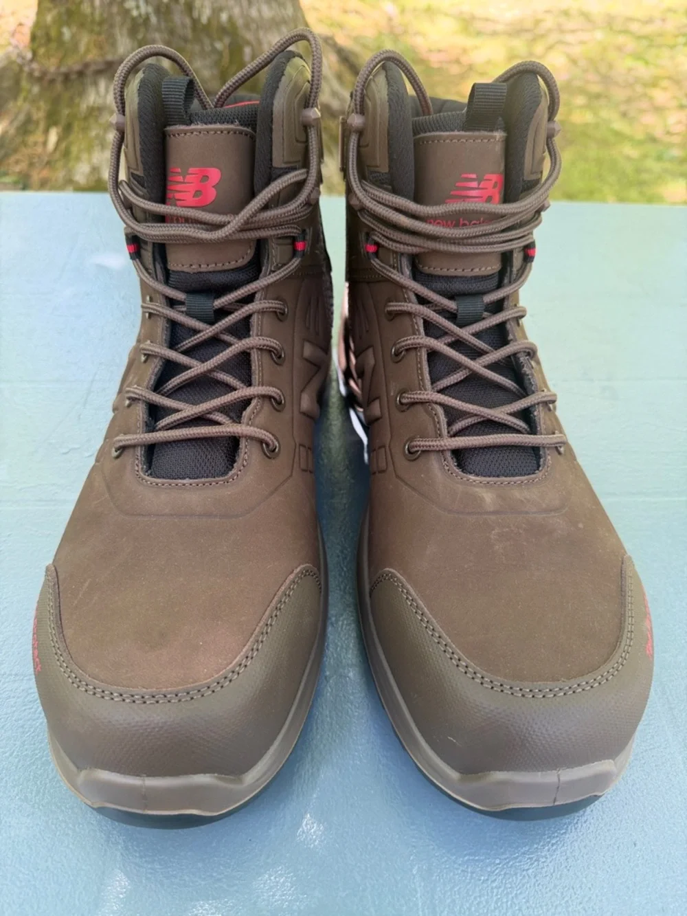 New Balance Calibre Brown Men's Waterproof Hiking Boots with Red Accents